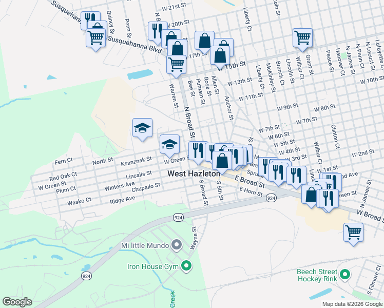 map of restaurants, bars, coffee shops, grocery stores, and more near 106 North Broad Street in West Hazleton