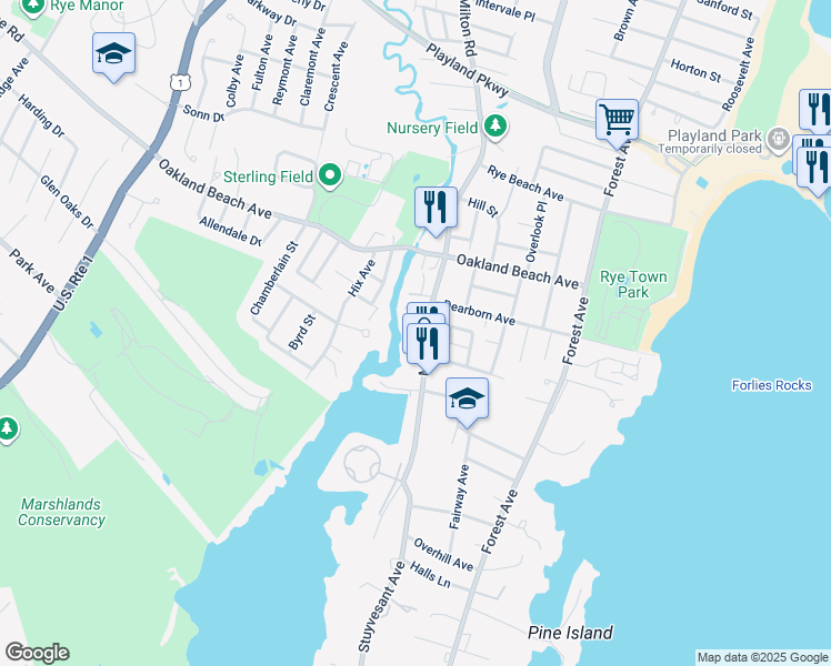 map of restaurants, bars, coffee shops, grocery stores, and more near 590 Milton Road in Rye