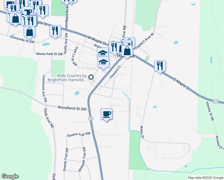 map of restaurants, bars, coffee shops, grocery stores, and more near 371 Short Street in Hartville