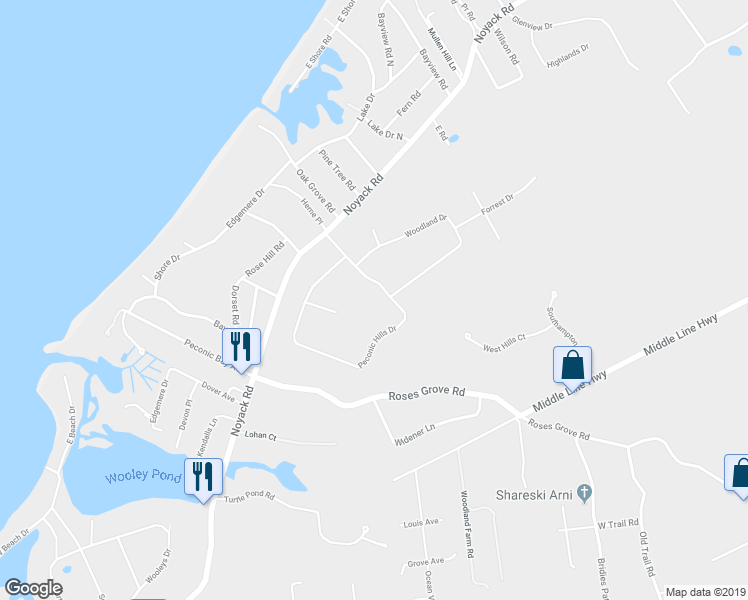 map of restaurants, bars, coffee shops, grocery stores, and more near 39 Peconic Hills Drive in Southampton