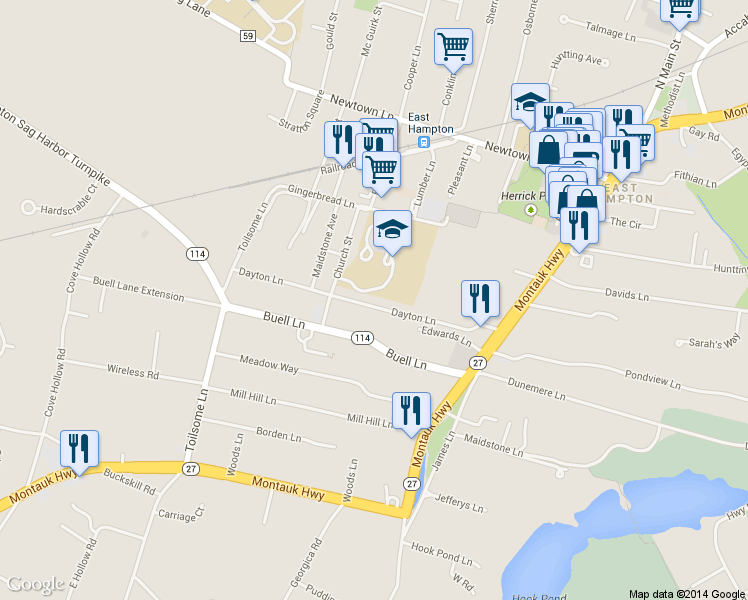 map of restaurants, bars, coffee shops, grocery stores, and more near 62 Dayton Lane in East Hampton