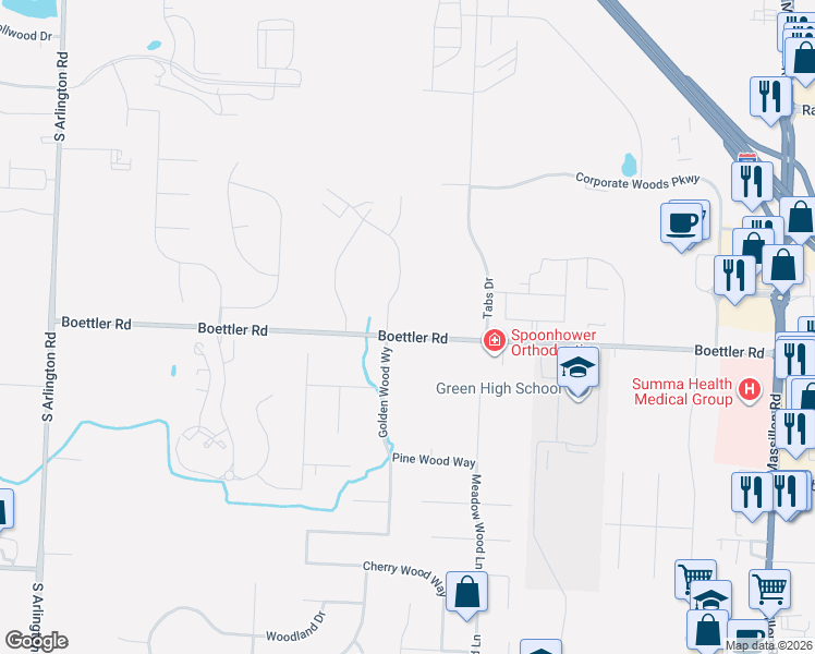 map of restaurants, bars, coffee shops, grocery stores, and more near 1325 Boettler Road in Uniontown