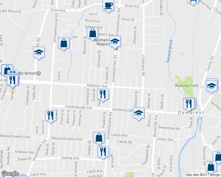 map of restaurants, bars, coffee shops, grocery stores, and more near 185 Franklin Street in Haworth