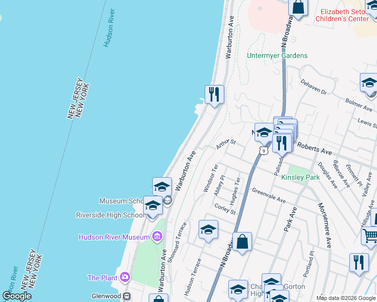 map of restaurants, bars, coffee shops, grocery stores, and more near 709 Warburton Avenue in Yonkers