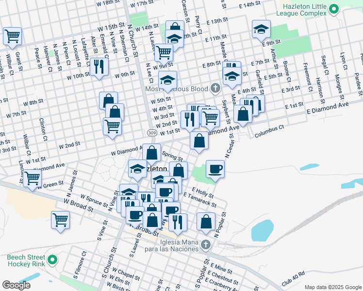 map of restaurants, bars, coffee shops, grocery stores, and more near 28 West Aspen Street in Hazleton