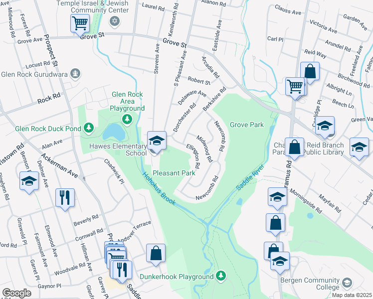 map of restaurants, bars, coffee shops, grocery stores, and more near 647 Ellington Road in Ridgewood