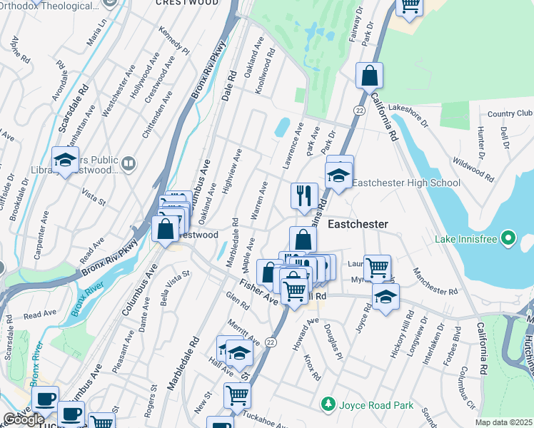 map of restaurants, bars, coffee shops, grocery stores, and more near 39 Lawrence Avenue in Tuckahoe