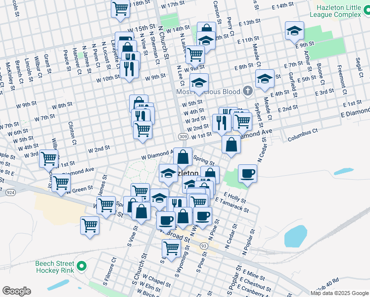 map of restaurants, bars, coffee shops, grocery stores, and more near N Church St & W Diamond Ave in Hazleton