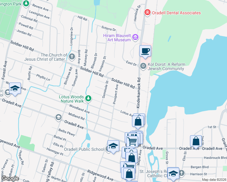 map of restaurants, bars, coffee shops, grocery stores, and more near 555 Prospect Avenue in Oradell