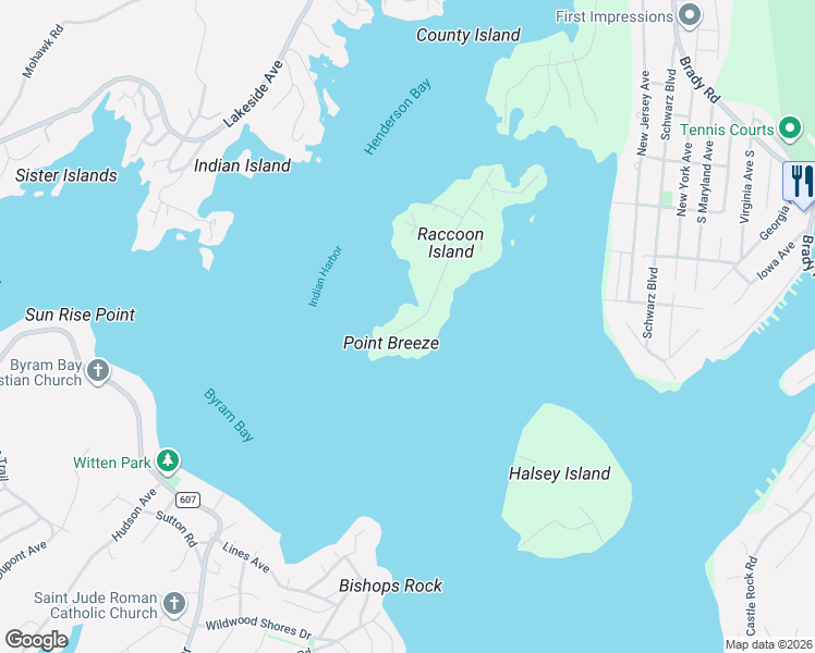 map of restaurants, bars, coffee shops, grocery stores, and more near 58 Raccoon Island Road in Jefferson