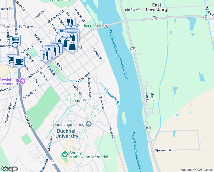 map of restaurants, bars, coffee shops, grocery stores, and more near 7 Mill St in Lewisburg
