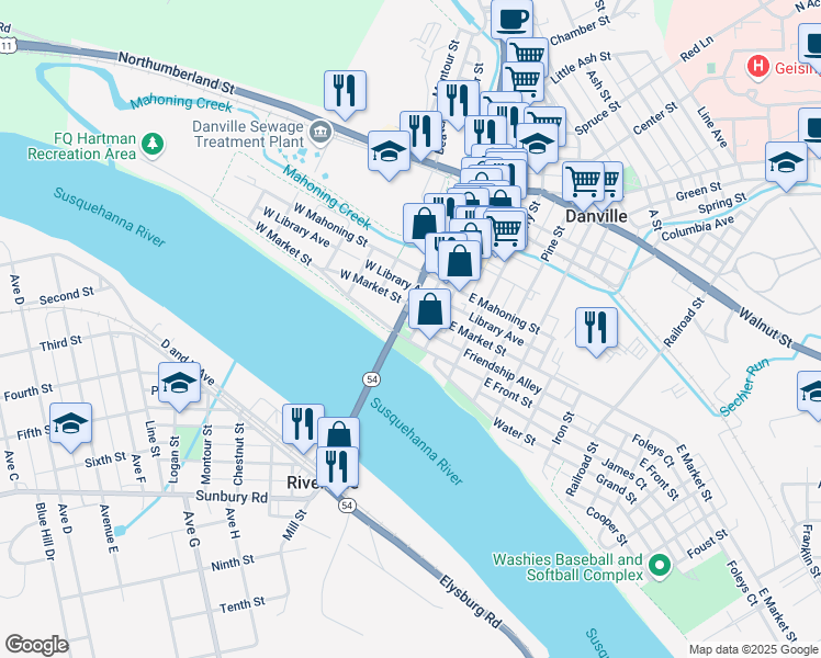 map of restaurants, bars, coffee shops, grocery stores, and more near 227 Rooney Avenue in Danville