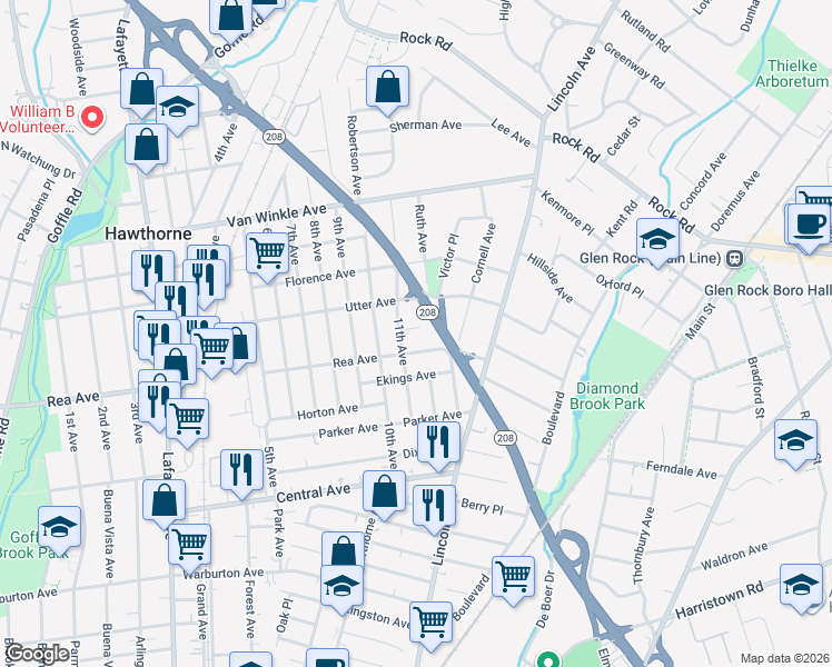 map of restaurants, bars, coffee shops, grocery stores, and more near 111 11th Avenue in Hawthorne
