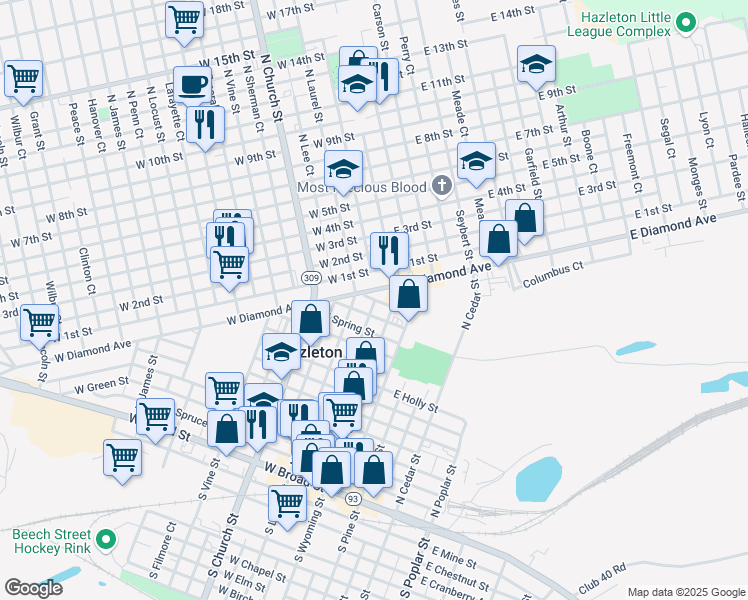 map of restaurants, bars, coffee shops, grocery stores, and more near 28 West Aspen Street in Hazleton