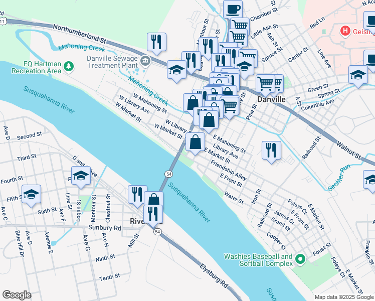 map of restaurants, bars, coffee shops, grocery stores, and more near 227 Rooney Avenue in Danville