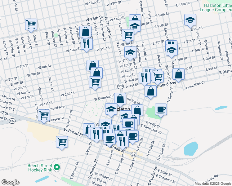 map of restaurants, bars, coffee shops, grocery stores, and more near 225 West Diamond Avenue in Hazleton
