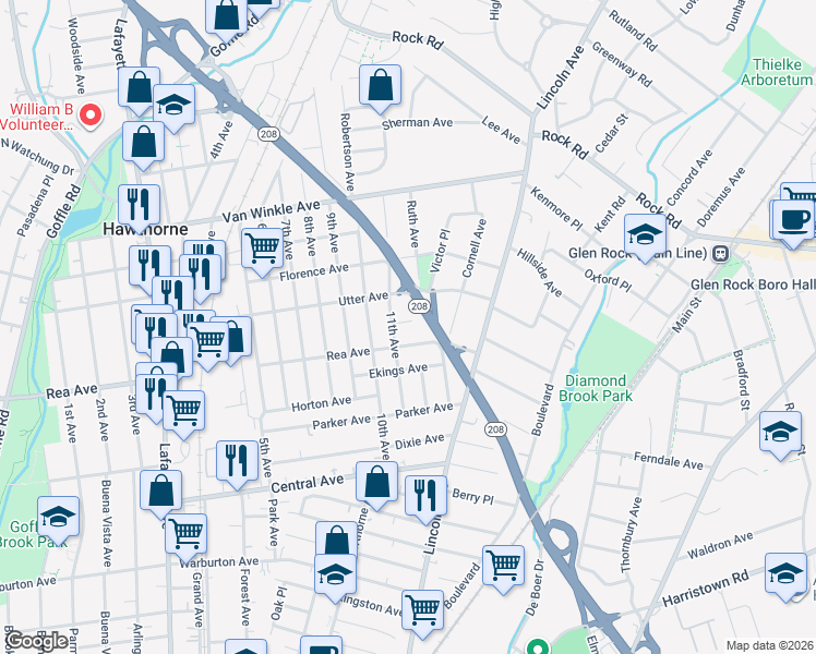 map of restaurants, bars, coffee shops, grocery stores, and more near 111 11th Avenue in Hawthorne
