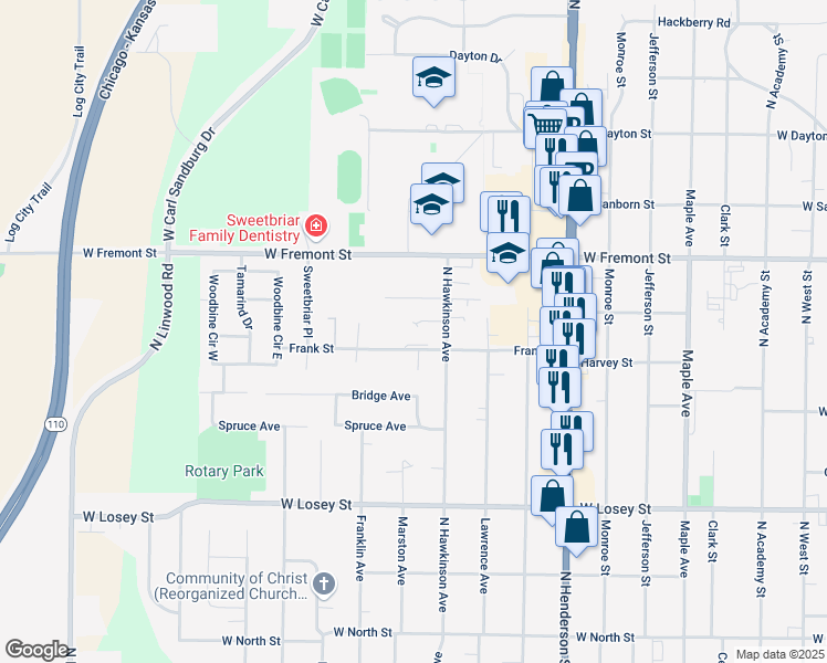 map of restaurants, bars, coffee shops, grocery stores, and more near 1240 Court Street in Galesburg
