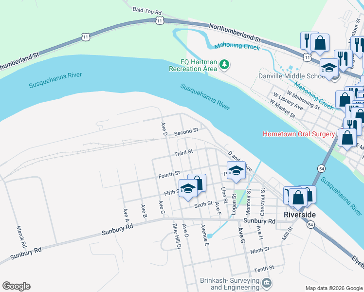 map of restaurants, bars, coffee shops, grocery stores, and more near Avenue E in Mt Carmel