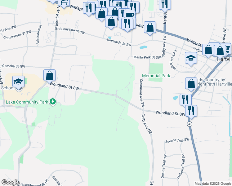 map of restaurants, bars, coffee shops, grocery stores, and more near Gentlebrook Boulevard Northwest in Hartville