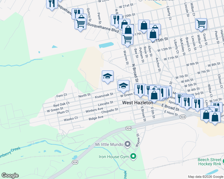 map of restaurants, bars, coffee shops, grocery stores, and more near 325 North Street in West Hazleton