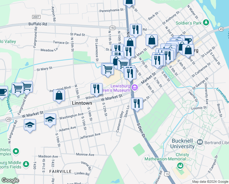 map of restaurants, bars, coffee shops, grocery stores, and more near 34 North 11th Street in Lewisburg