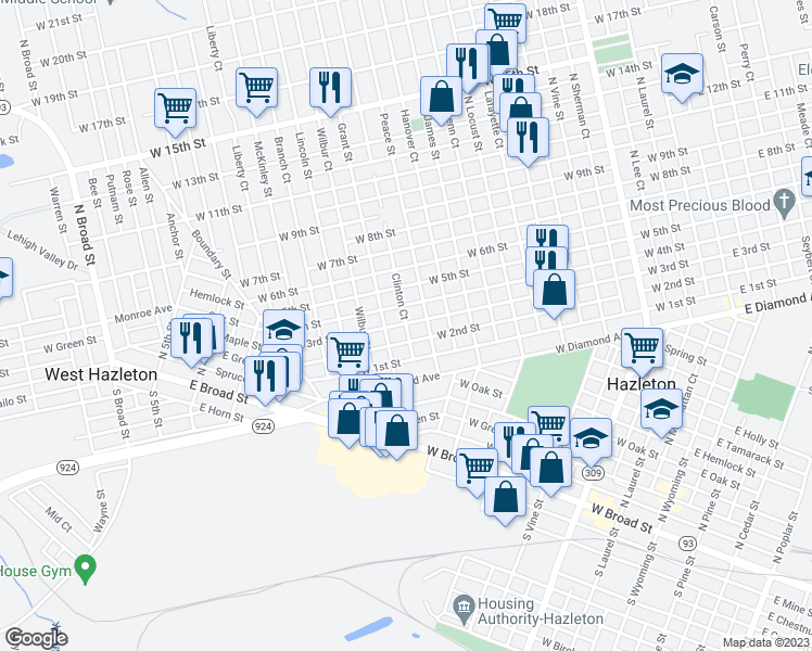 map of restaurants, bars, coffee shops, grocery stores, and more near 560 Clinton Court in Hazleton