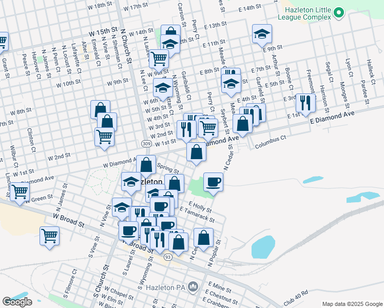 map of restaurants, bars, coffee shops, grocery stores, and more near 6 East Diamond Avenue in Hazleton