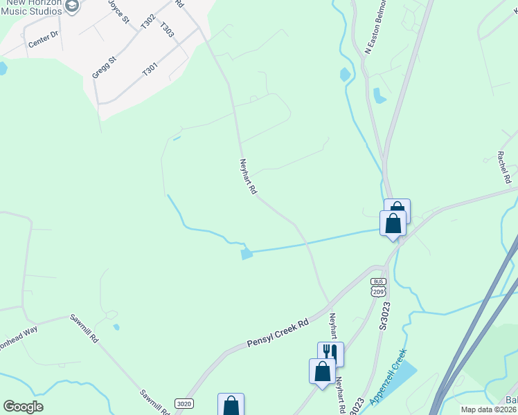 map of restaurants, bars, coffee shops, grocery stores, and more near 3015 Neyhart Road in Stroudsburg