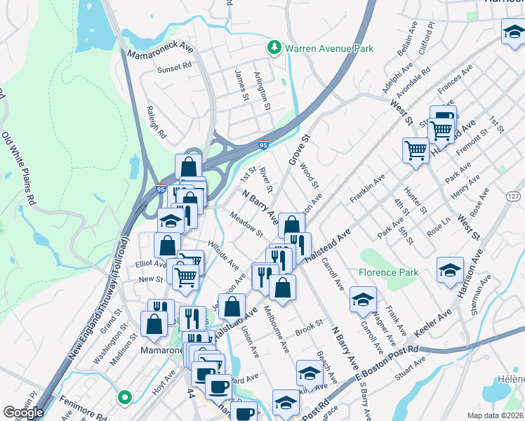 map of restaurants, bars, coffee shops, grocery stores, and more near 723 North Barry Avenue in Mamaroneck