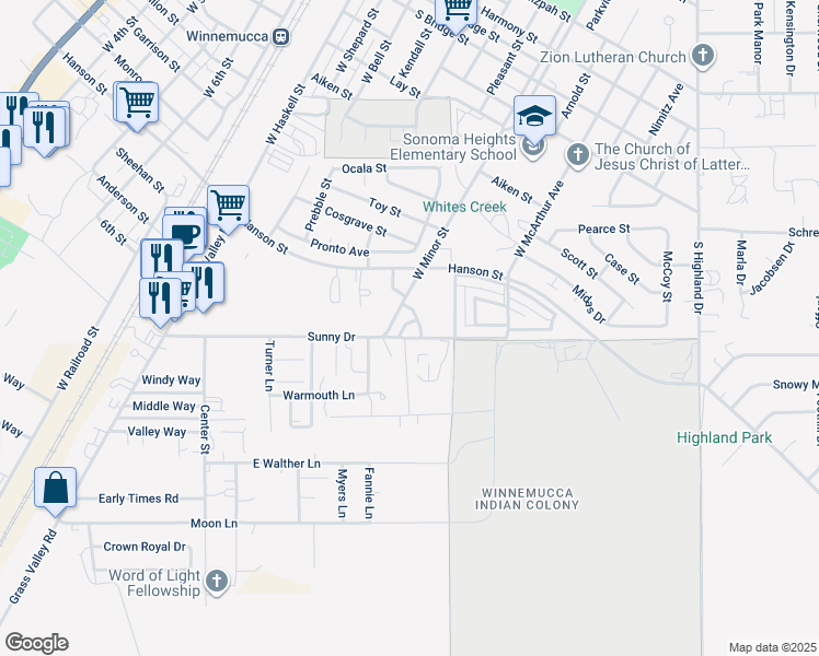 map of restaurants, bars, coffee shops, grocery stores, and more near 755 West Minor Street in Winnemucca