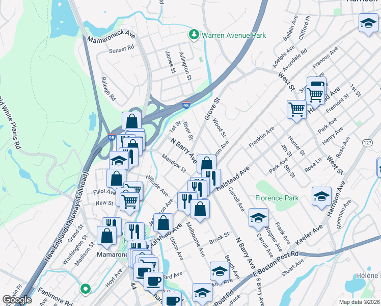map of restaurants, bars, coffee shops, grocery stores, and more near 723 North Barry Avenue in Mamaroneck