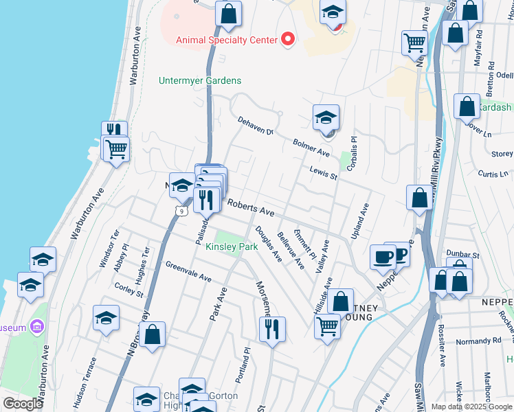 map of restaurants, bars, coffee shops, grocery stores, and more near 2 Park Avenue Terrace in Yonkers