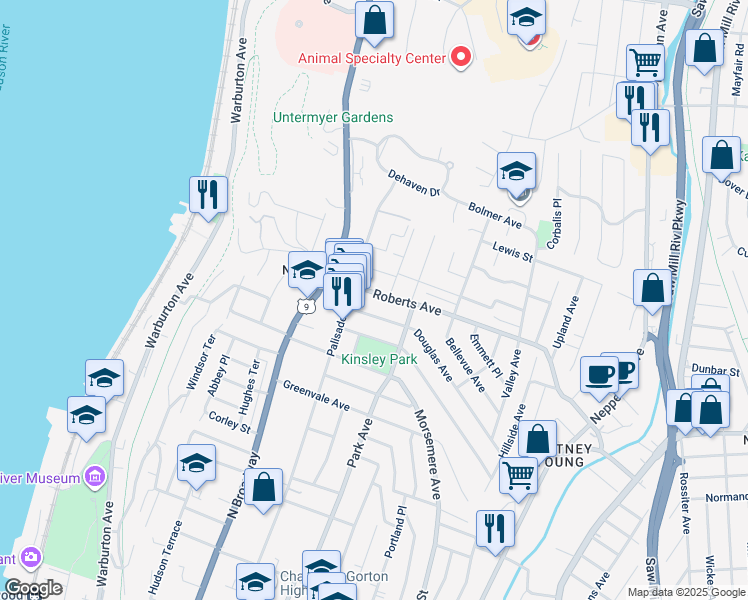 map of restaurants, bars, coffee shops, grocery stores, and more near 205 Roberts Avenue in Yonkers