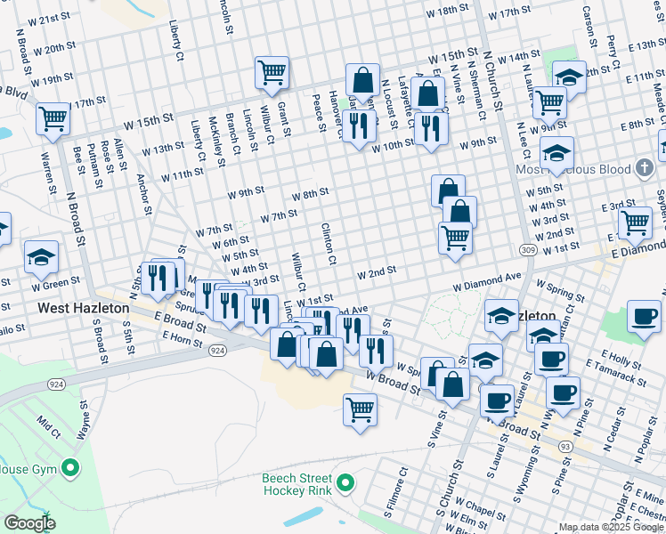 map of restaurants, bars, coffee shops, grocery stores, and more near 571 Clinton Court in Hazleton