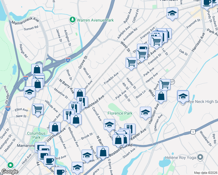 map of restaurants, bars, coffee shops, grocery stores, and more near 514 Florence Street in Mamaroneck