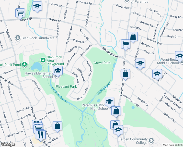 map of restaurants, bars, coffee shops, grocery stores, and more near 689 Newcomb Road in Ridgewood