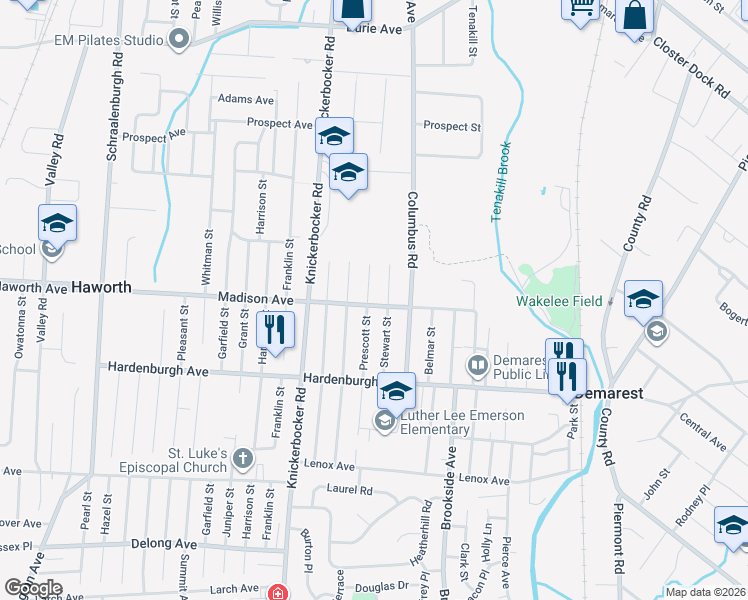 map of restaurants, bars, coffee shops, grocery stores, and more near 91 Prescott Street in Demarest