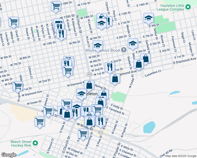 map of restaurants, bars, coffee shops, grocery stores, and more near 118 West 1st Street in Hazleton