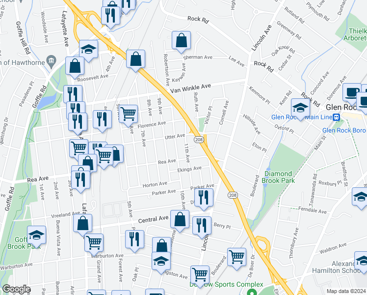 map of restaurants, bars, coffee shops, grocery stores, and more near 106 11th Avenue in Hawthorne