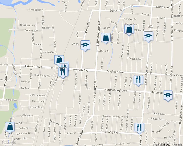 map of restaurants, bars, coffee shops, grocery stores, and more near 214 Haworth Avenue in Haworth