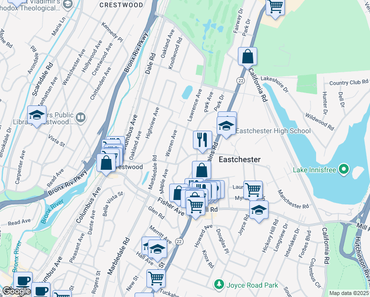 map of restaurants, bars, coffee shops, grocery stores, and more near 39 Lawrence Avenue in Tuckahoe