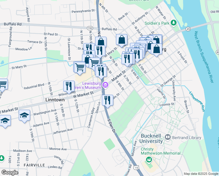 map of restaurants, bars, coffee shops, grocery stores, and more near 815 Market Street in Lewisburg