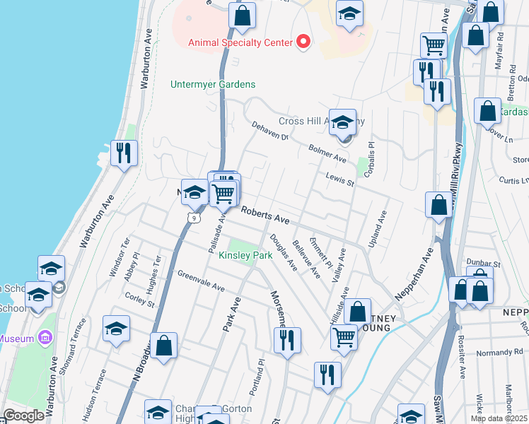 map of restaurants, bars, coffee shops, grocery stores, and more near 2 Park Avenue Terrace in Yonkers