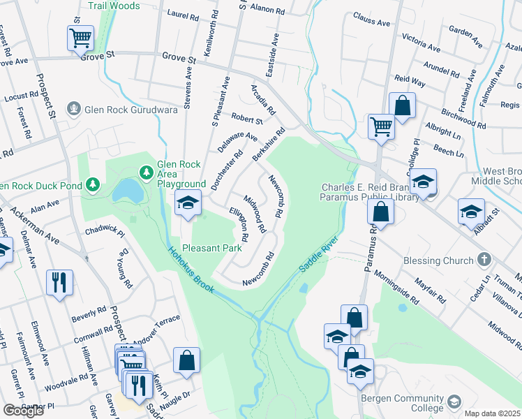 map of restaurants, bars, coffee shops, grocery stores, and more near 480 Hunter Road in Ridgewood