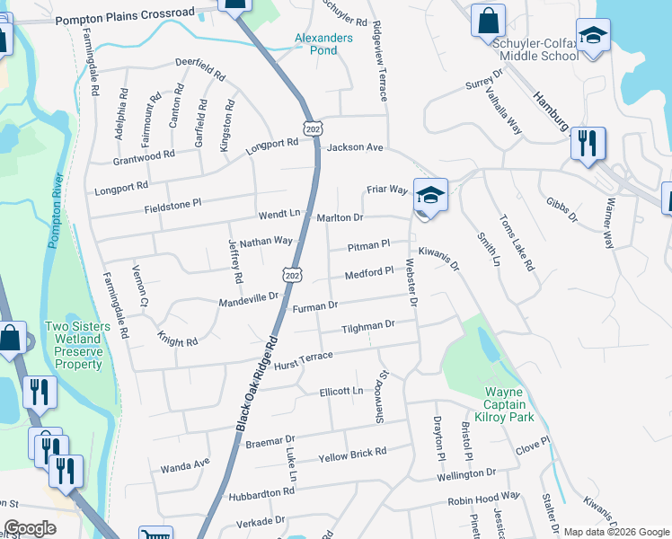 map of restaurants, bars, coffee shops, grocery stores, and more near 18 Hampton Terrace in Wayne