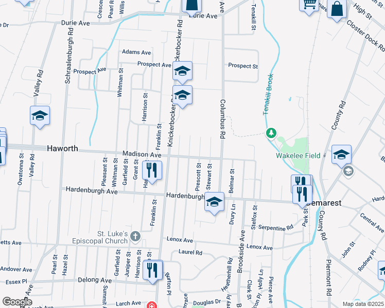 map of restaurants, bars, coffee shops, grocery stores, and more near 28 Madison Avenue in Demarest