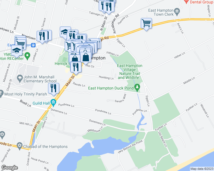 map of restaurants, bars, coffee shops, grocery stores, and more near 62 Davids Lane in East Hampton