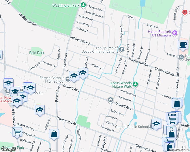 map of restaurants, bars, coffee shops, grocery stores, and more near 953 Amaryllis Ave in Oradell