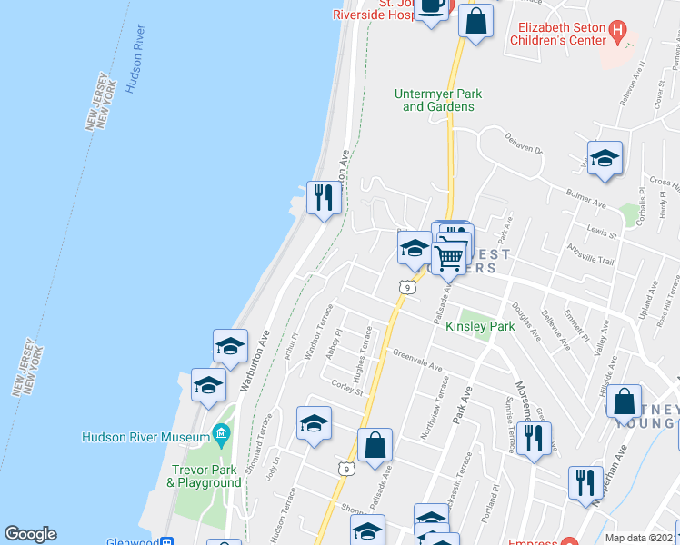 map of restaurants, bars, coffee shops, grocery stores, and more near 26 Arthur Street in Yonkers